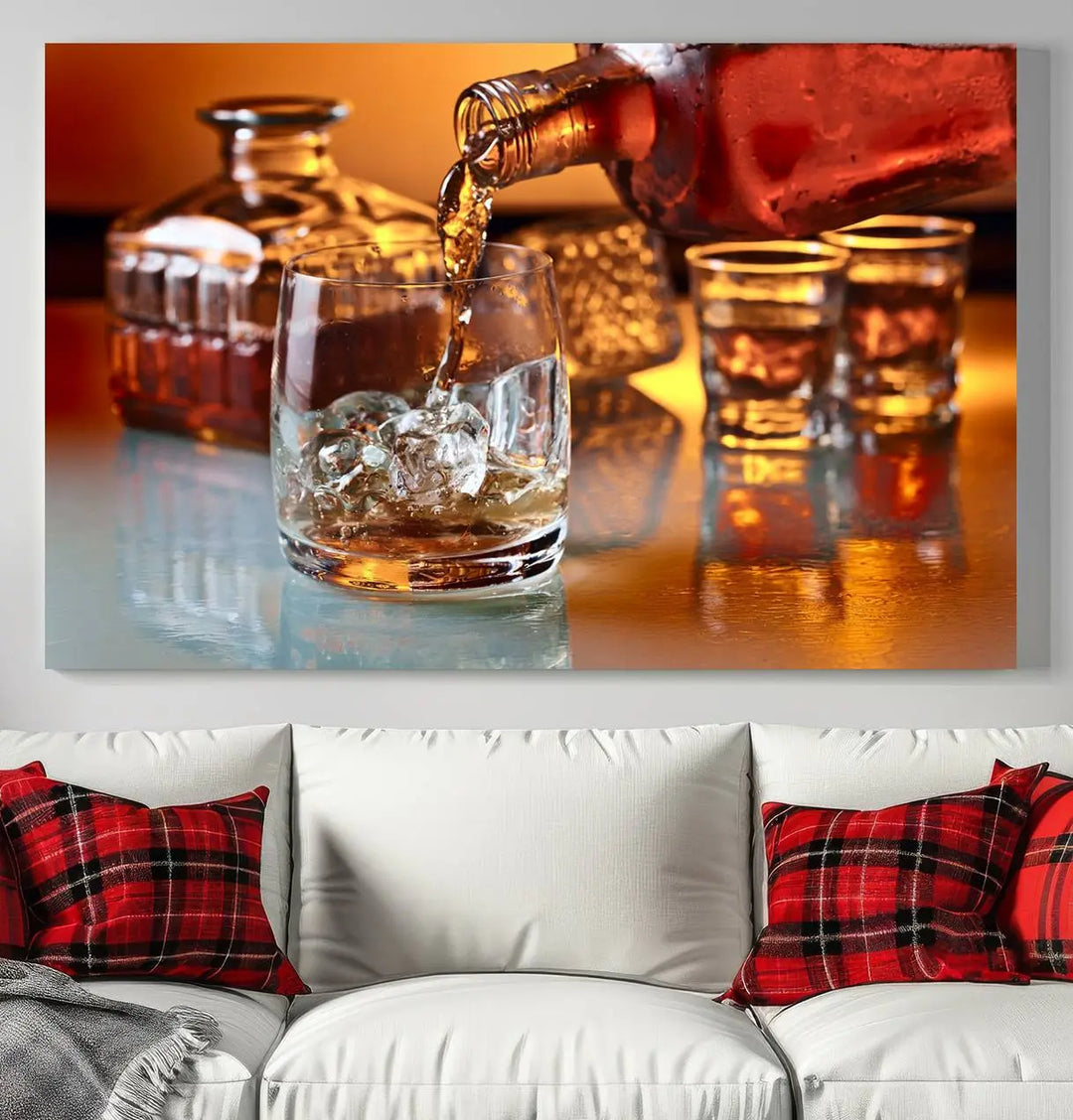 Triptych of whiskey pouring into a glass, crafted on museum-quality canvas. This Elegant Whiskey Canvas Wall Art Print Scotch Art Bourbon Art piece elevates any space with its graceful design.