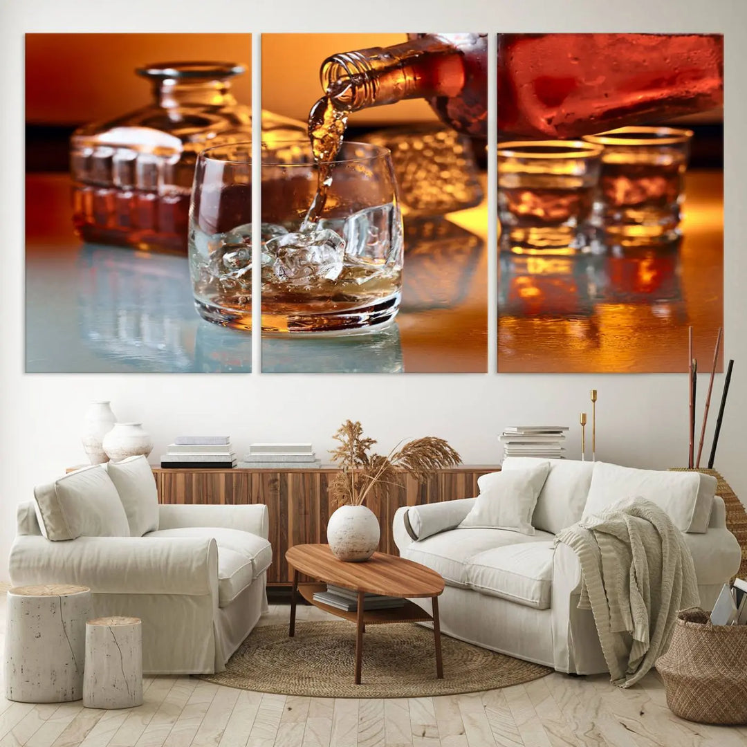 Triptych of whiskey pouring into a glass, crafted on museum-quality canvas. This Elegant Whiskey Canvas Wall Art Print Scotch Art Bourbon Art piece elevates any space with its graceful design.