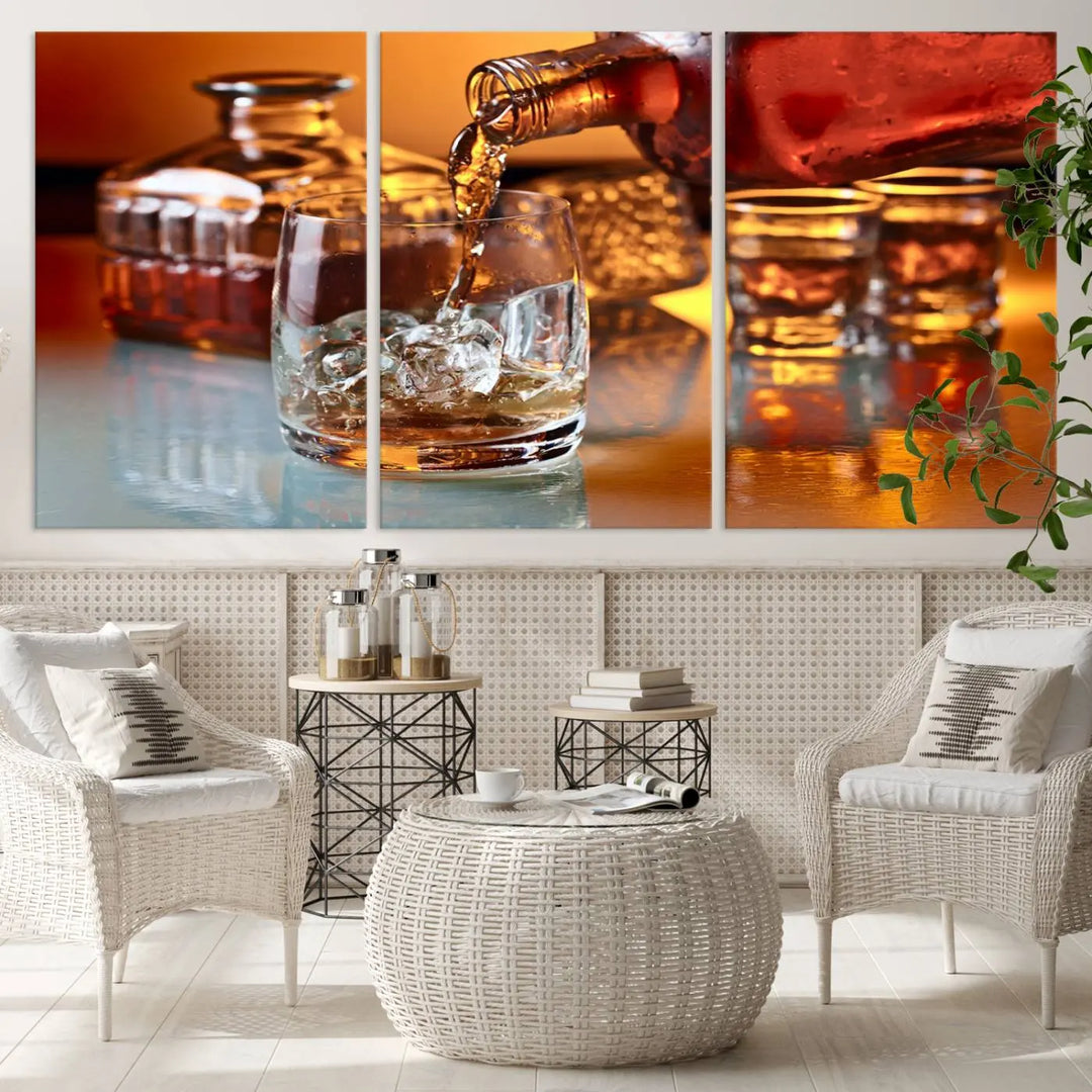 Triptych of whiskey pouring into a glass, crafted on museum-quality canvas. This Elegant Whiskey Canvas Wall Art Print Scotch Art Bourbon Art piece elevates any space with its graceful design.