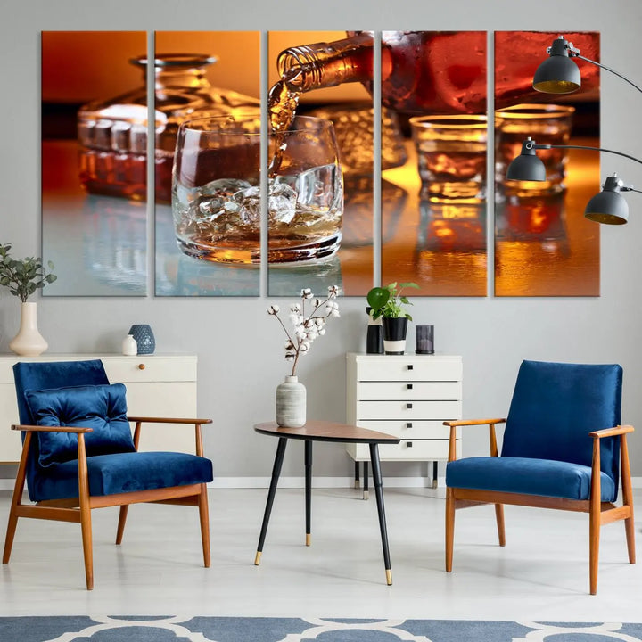 Triptych of whiskey pouring into a glass, crafted on museum-quality canvas. This Elegant Whiskey Canvas Wall Art Print Scotch Art Bourbon Art piece elevates any space with its graceful design.