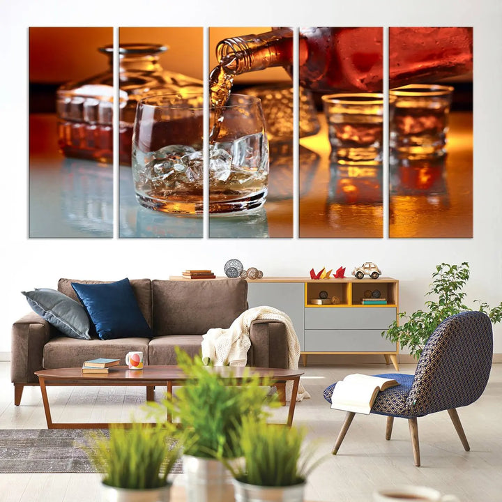 Triptych of whiskey pouring into a glass, crafted on museum-quality canvas. This Elegant Whiskey Canvas Wall Art Print Scotch Art Bourbon Art piece elevates any space with its graceful design.