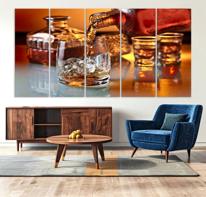 Triptych of whiskey pouring into a glass, crafted on museum-quality canvas. This Elegant Whiskey Canvas Wall Art Print Scotch Art Bourbon Art piece elevates any space with its graceful design.