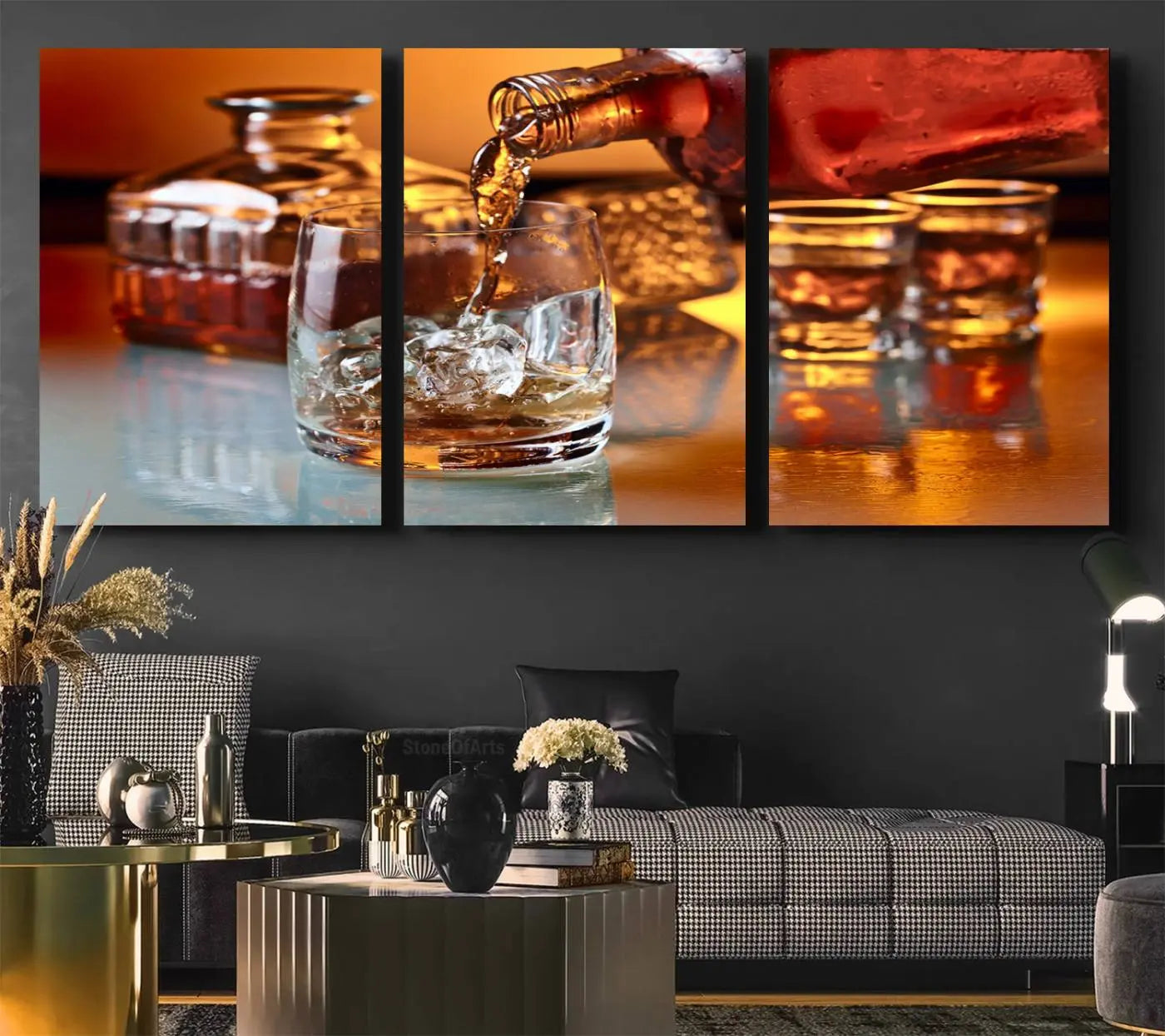 55963-MGV-CV-60X30-3P-Elegant Whiskey Canvas Wall Art Print Scotch Art Bourbon Art