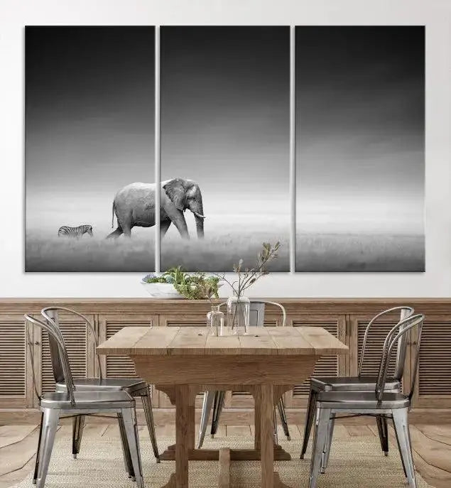 Elephant and Zebra Wall Art Canvas Print: A black and white triptych on museum-quality canvas, showcasing an elephant and zebra walking across a grassy plain. Equipped with a UV-protective coating for lasting protection.