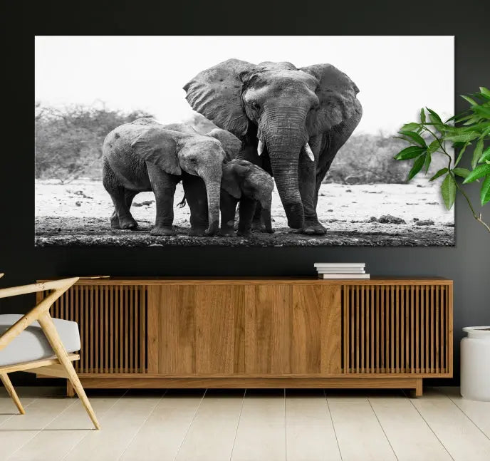 The Elephant Family Africa Wall Art Canvas Print, a black and white triptych of elephants, is presented as museum-quality canvas art.