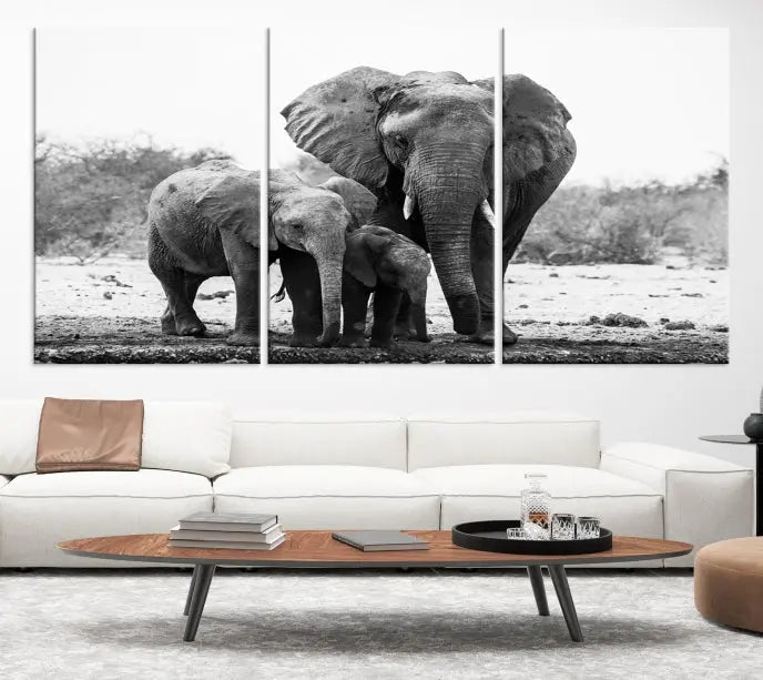 The Elephant Family Africa Wall Art Canvas Print, a black and white triptych of elephants, is presented as museum-quality canvas art.