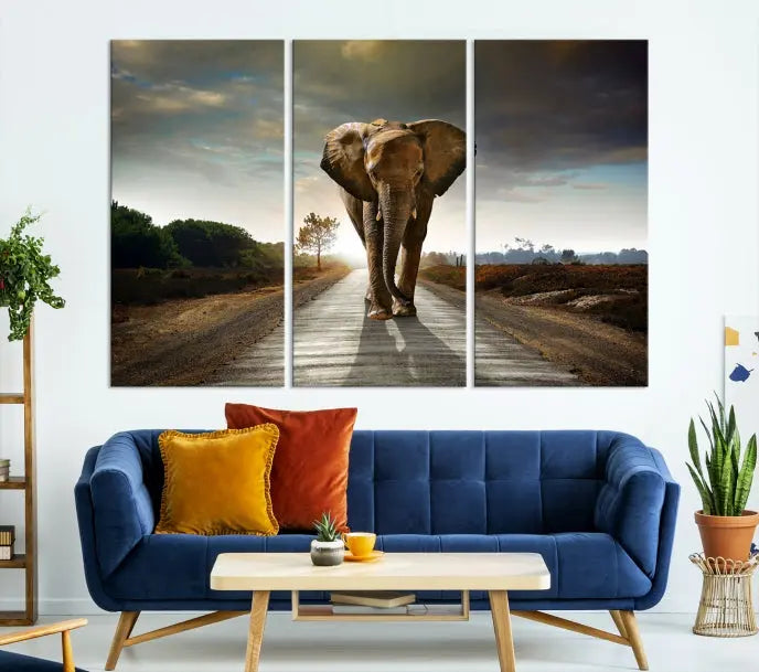 A three-panel "Elephant Wall Art Animal Canvas Print," hand-assembled and gallery wrapped, is displayed prominently.