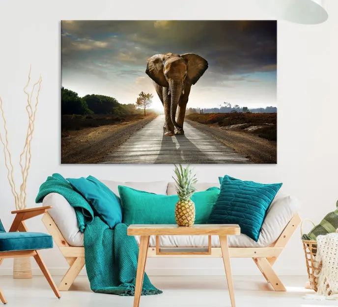 A three-panel "Elephant Wall Art Animal Canvas Print," hand-assembled and gallery wrapped, is displayed prominently.