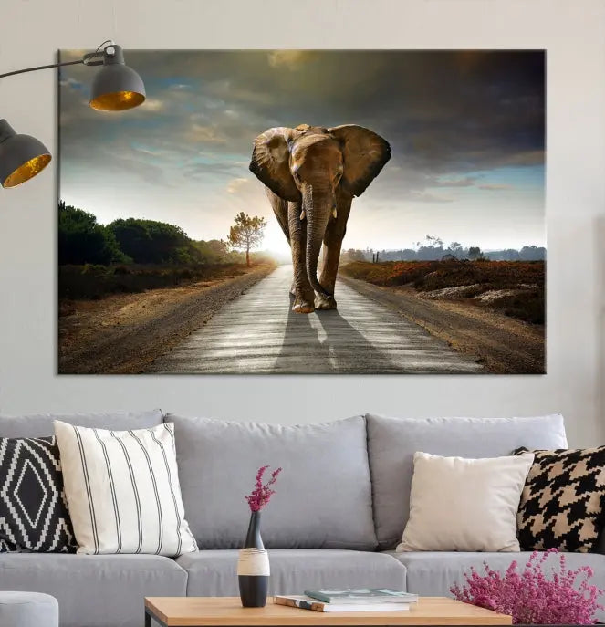 A three-panel "Elephant Wall Art Animal Canvas Print," hand-assembled and gallery wrapped, is displayed prominently.