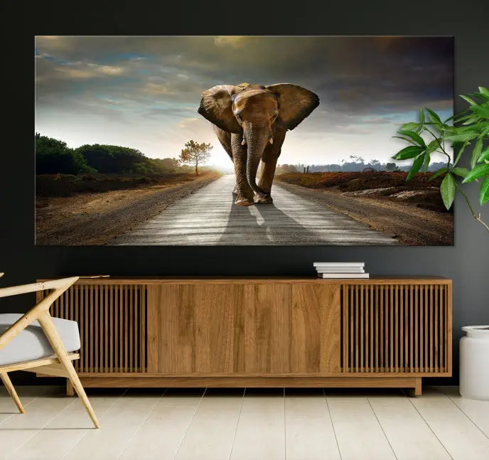 A three-panel "Elephant Wall Art Animal Canvas Print," hand-assembled and gallery wrapped, is displayed prominently.