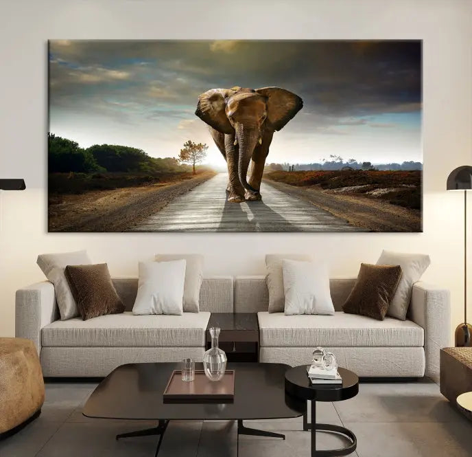 A three-panel "Elephant Wall Art Animal Canvas Print," hand-assembled and gallery wrapped, is displayed prominently.