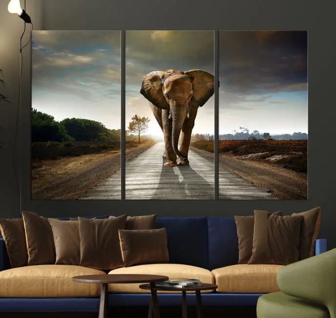 A three-panel "Elephant Wall Art Animal Canvas Print," hand-assembled and gallery wrapped, is displayed prominently.