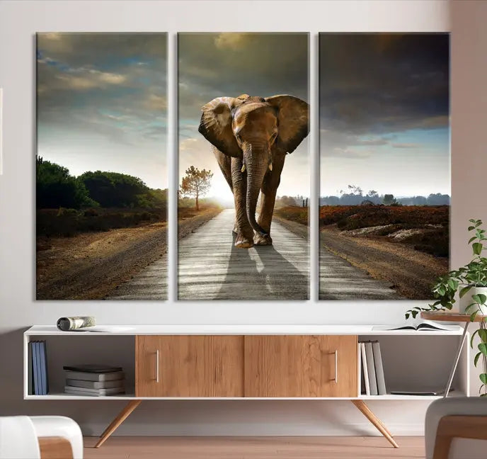 A three-panel "Elephant Wall Art Animal Canvas Print," hand-assembled and gallery wrapped, is displayed prominently.