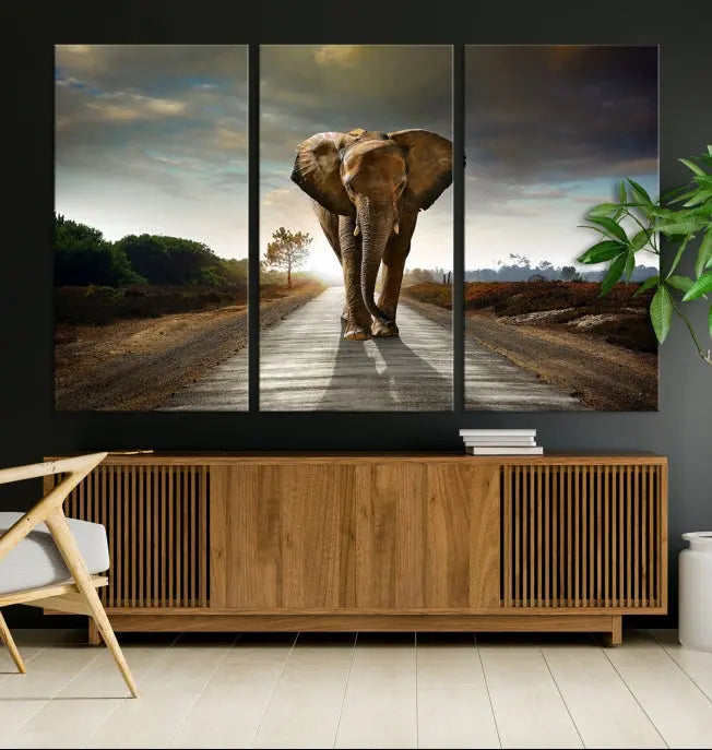 A three-panel "Elephant Wall Art Animal Canvas Print," hand-assembled and gallery wrapped, is displayed prominently.