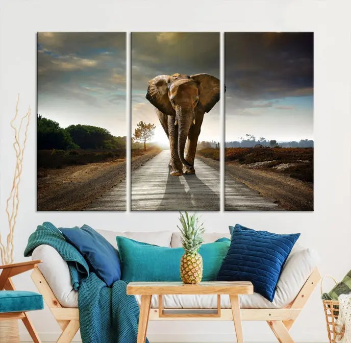 A three-panel "Elephant Wall Art Animal Canvas Print," hand-assembled and gallery wrapped, is displayed prominently.