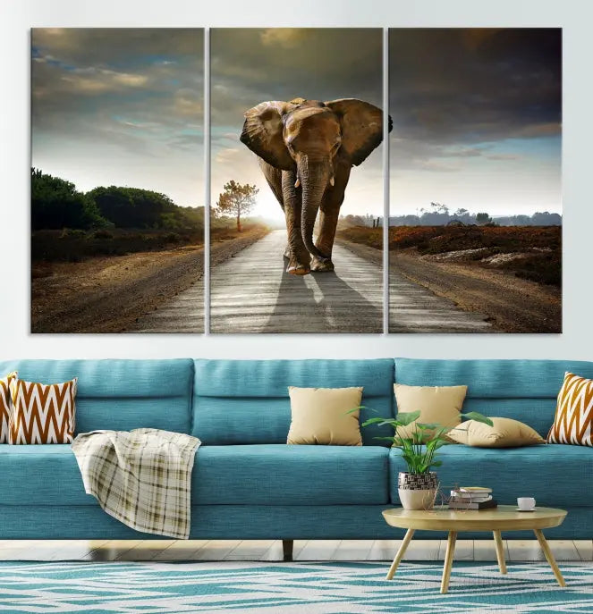 A three-panel "Elephant Wall Art Animal Canvas Print," hand-assembled and gallery wrapped, is displayed prominently.