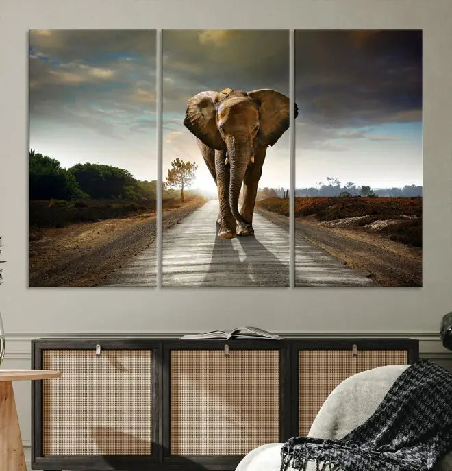 A three-panel "Elephant Wall Art Animal Canvas Print," hand-assembled and gallery wrapped, is displayed prominently.