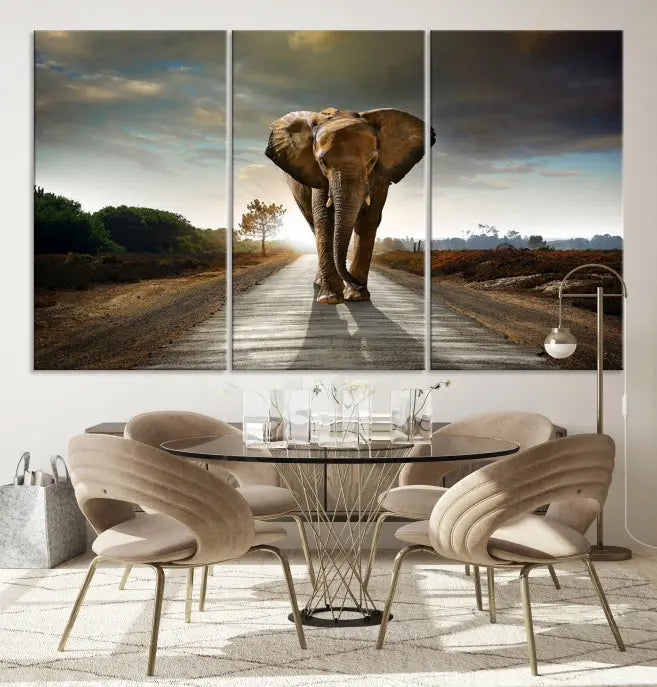 A three-panel "Elephant Wall Art Animal Canvas Print," hand-assembled and gallery wrapped, is displayed prominently.