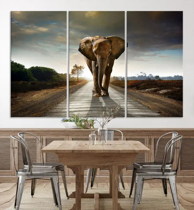 A three-panel "Elephant Wall Art Animal Canvas Print," hand-assembled and gallery wrapped, is displayed prominently.