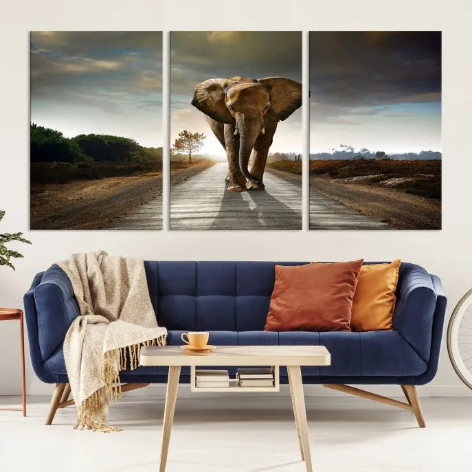 A three-panel "Elephant Wall Art Animal Canvas Print," hand-assembled and gallery wrapped, is displayed prominently.