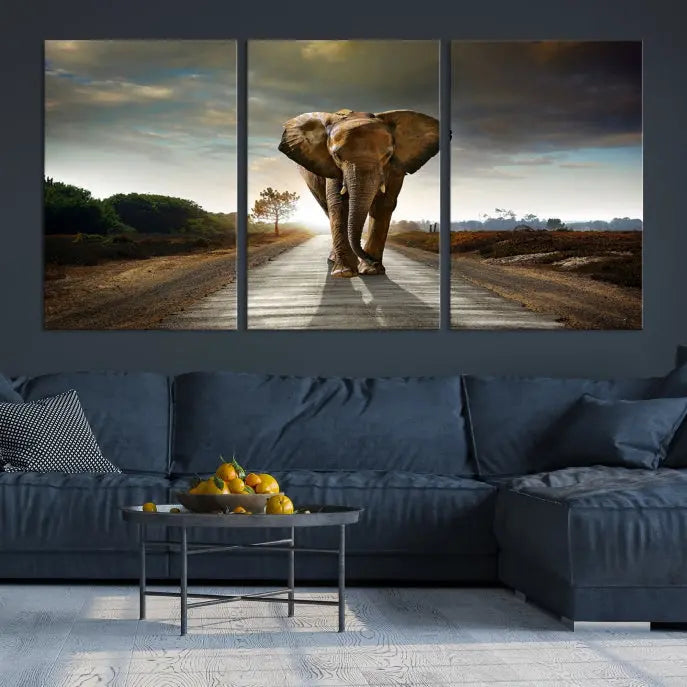 A three-panel "Elephant Wall Art Animal Canvas Print," hand-assembled and gallery wrapped, is displayed prominently.