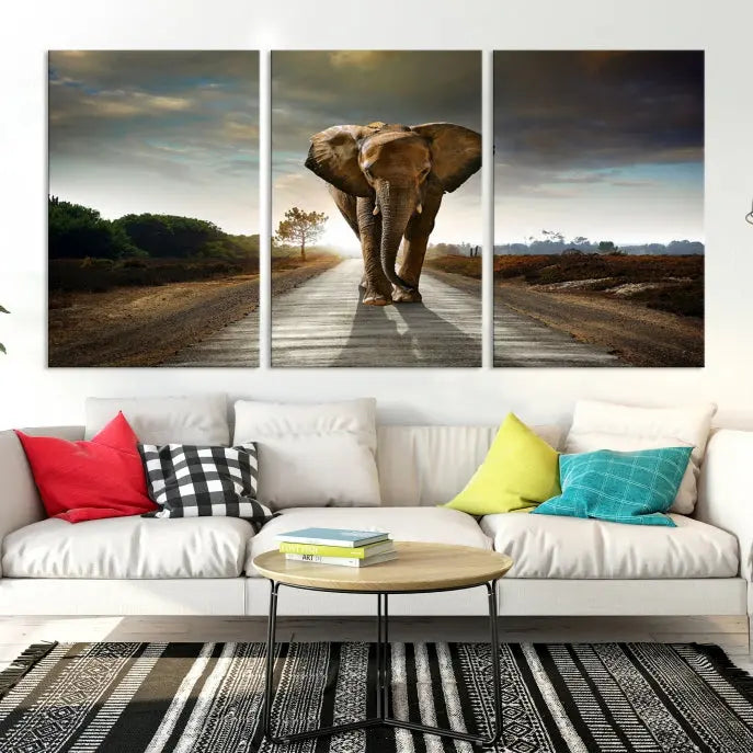 A three-panel "Elephant Wall Art Animal Canvas Print," hand-assembled and gallery wrapped, is displayed prominently.