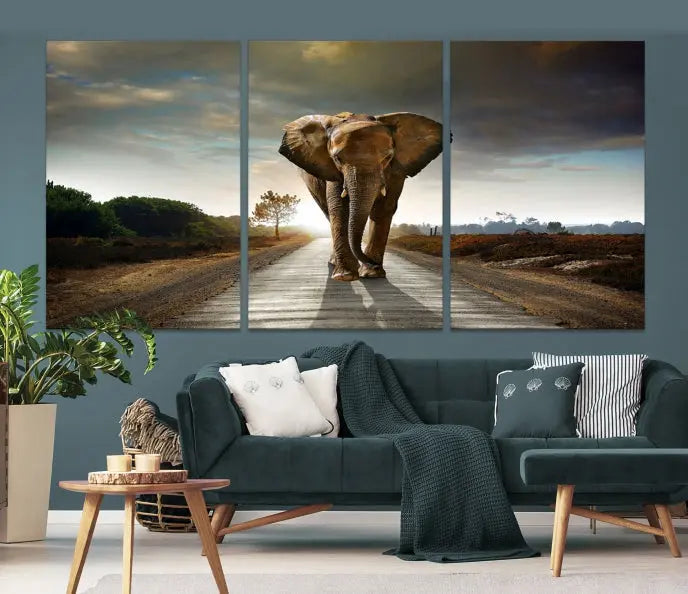 A three-panel "Elephant Wall Art Animal Canvas Print," hand-assembled and gallery wrapped, is displayed prominently.