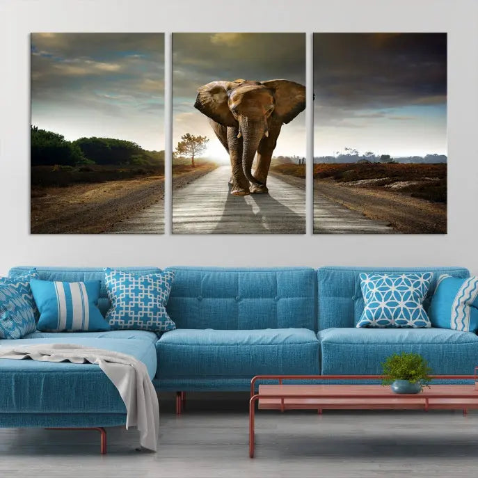 A three-panel "Elephant Wall Art Animal Canvas Print," hand-assembled and gallery wrapped, is displayed prominently.