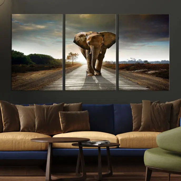 A three-panel "Elephant Wall Art Animal Canvas Print," hand-assembled and gallery wrapped, is displayed prominently.