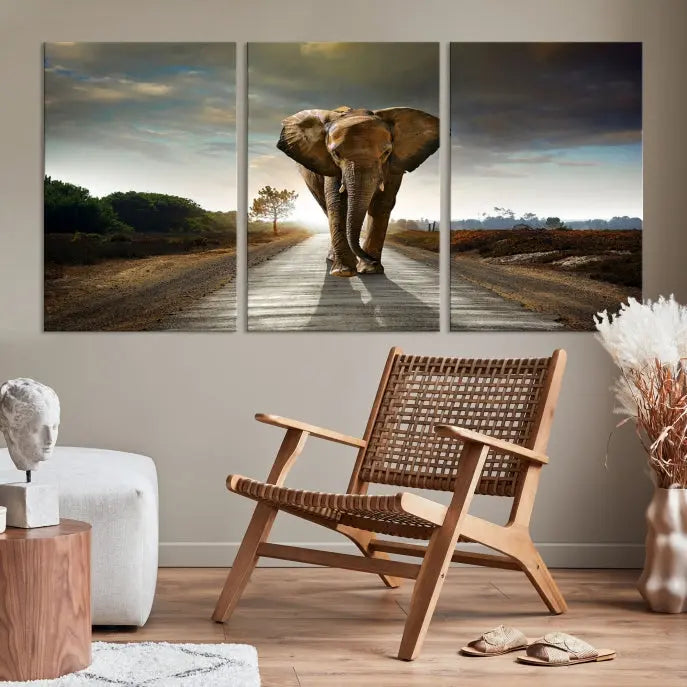 A three-panel "Elephant Wall Art Animal Canvas Print," hand-assembled and gallery wrapped, is displayed prominently.