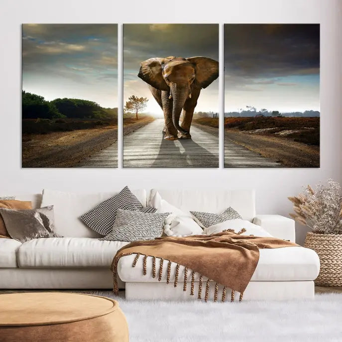 A three-panel "Elephant Wall Art Animal Canvas Print," hand-assembled and gallery wrapped, is displayed prominently.