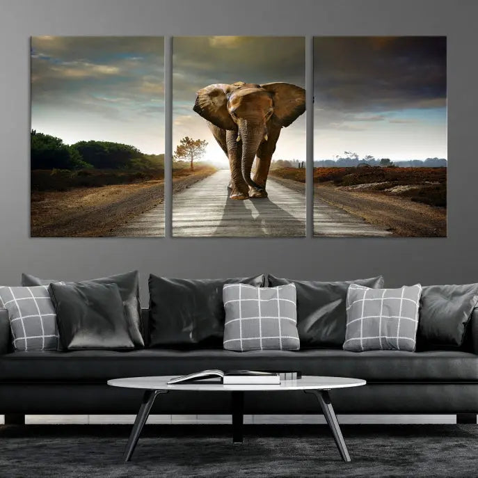 A three-panel "Elephant Wall Art Animal Canvas Print," hand-assembled and gallery wrapped, is displayed prominently.