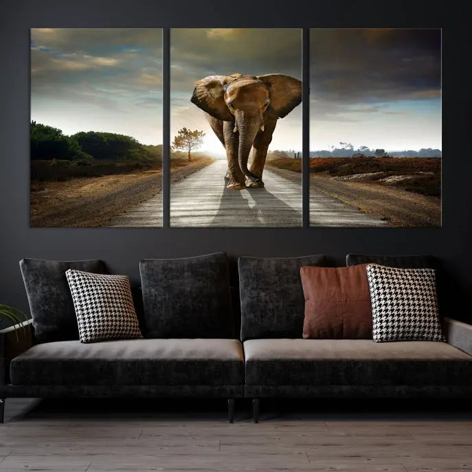 A three-panel "Elephant Wall Art Animal Canvas Print," hand-assembled and gallery wrapped, is displayed prominently.