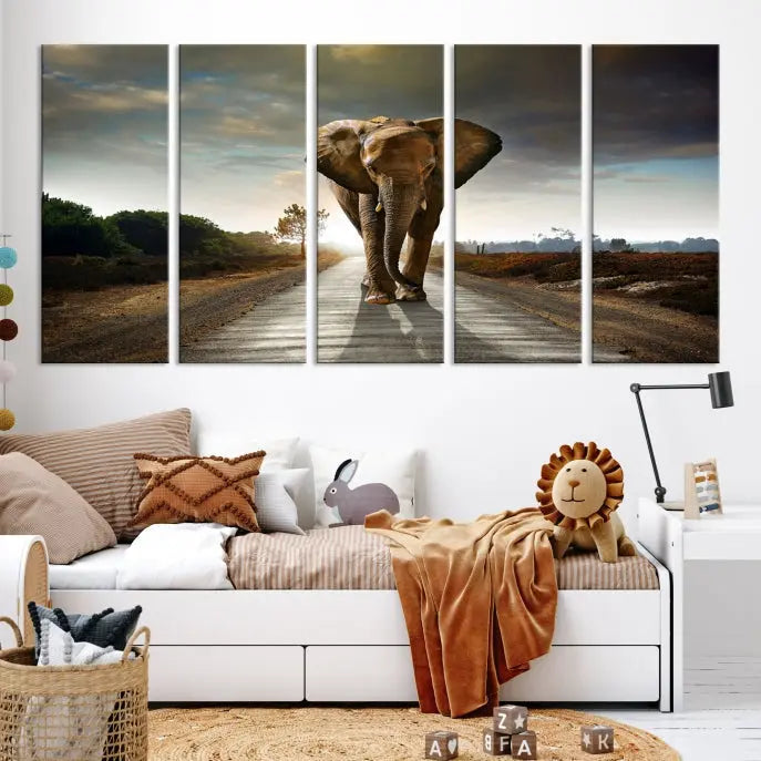 A three-panel "Elephant Wall Art Animal Canvas Print," hand-assembled and gallery wrapped, is displayed prominently.