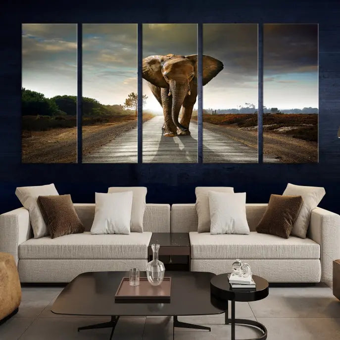 A three-panel "Elephant Wall Art Animal Canvas Print," hand-assembled and gallery wrapped, is displayed prominently.