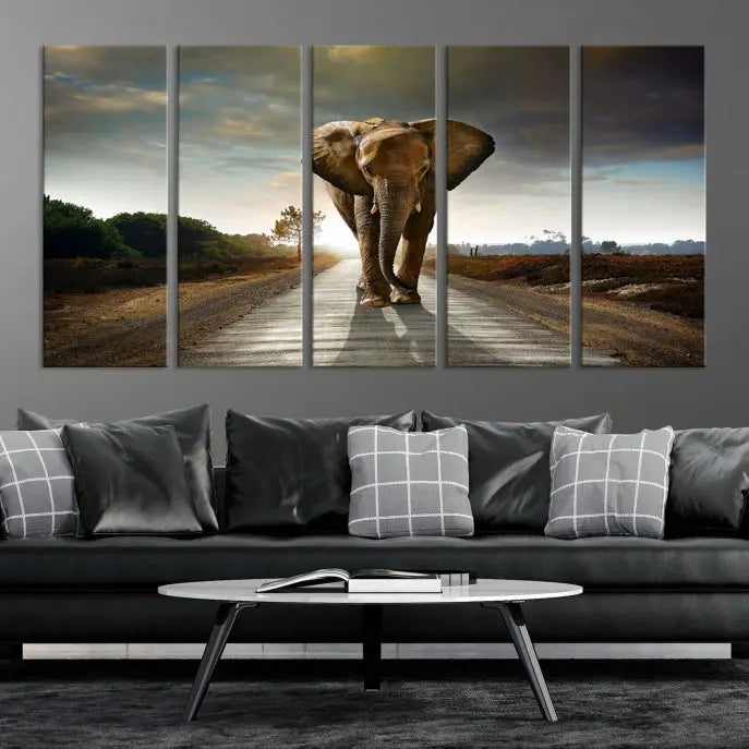 A three-panel "Elephant Wall Art Animal Canvas Print," hand-assembled and gallery wrapped, is displayed prominently.