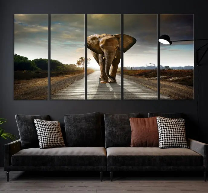 A three-panel "Elephant Wall Art Animal Canvas Print," hand-assembled and gallery wrapped, is displayed prominently.