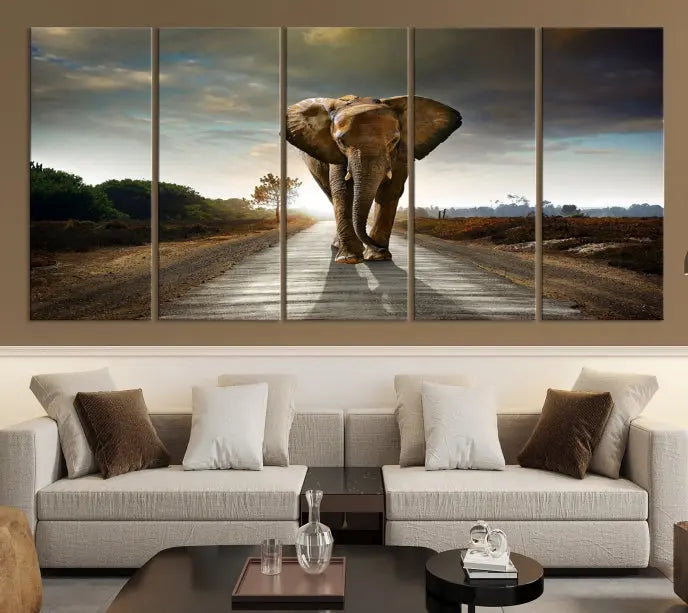 A three-panel "Elephant Wall Art Animal Canvas Print," hand-assembled and gallery wrapped, is displayed prominently.