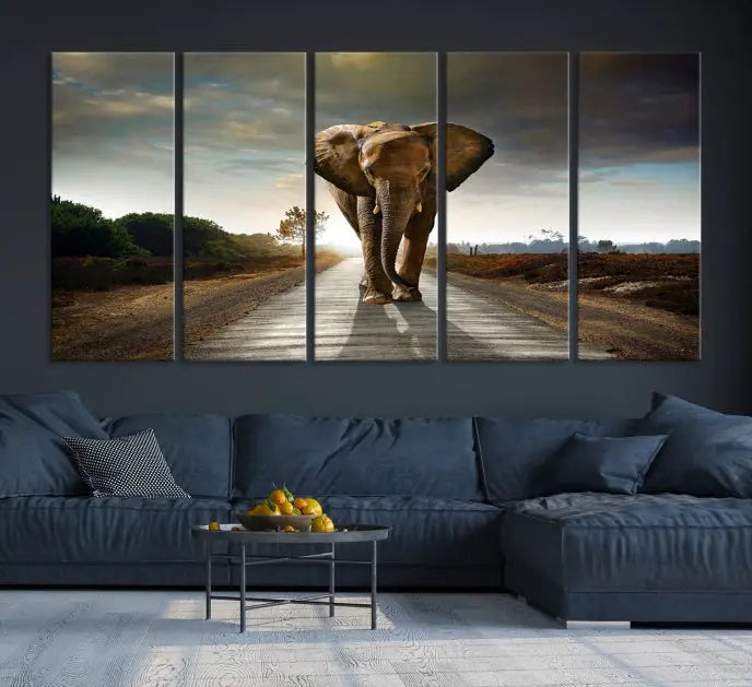 A three-panel "Elephant Wall Art Animal Canvas Print," hand-assembled and gallery wrapped, is displayed prominently.