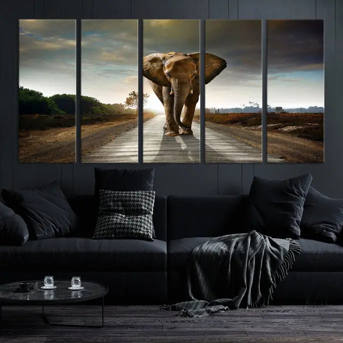 A three-panel "Elephant Wall Art Animal Canvas Print," hand-assembled and gallery wrapped, is displayed prominently.