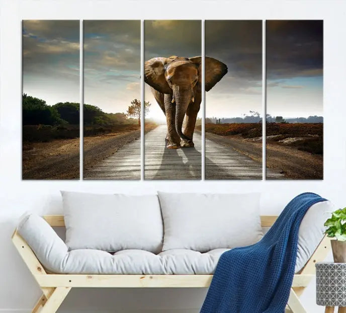 A three-panel "Elephant Wall Art Animal Canvas Print," hand-assembled and gallery wrapped, is displayed prominently.