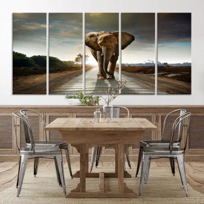 A three-panel "Elephant Wall Art Animal Canvas Print," hand-assembled and gallery wrapped, is displayed prominently.