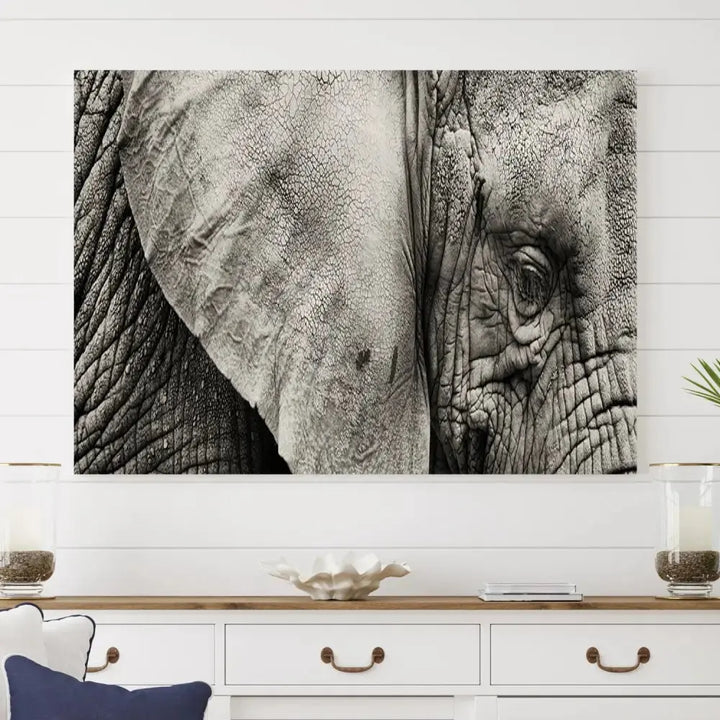 A modern living room features a large Elephant Wall Art Canvas Print in black and white, crafted on museum-quality canvases with UV-protective coating to maintain its elegance.