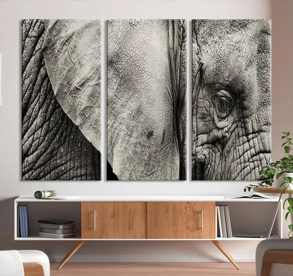 A modern living room features a large Elephant Wall Art Canvas Print in black and white, crafted on museum-quality canvases with UV-protective coating to maintain its elegance.