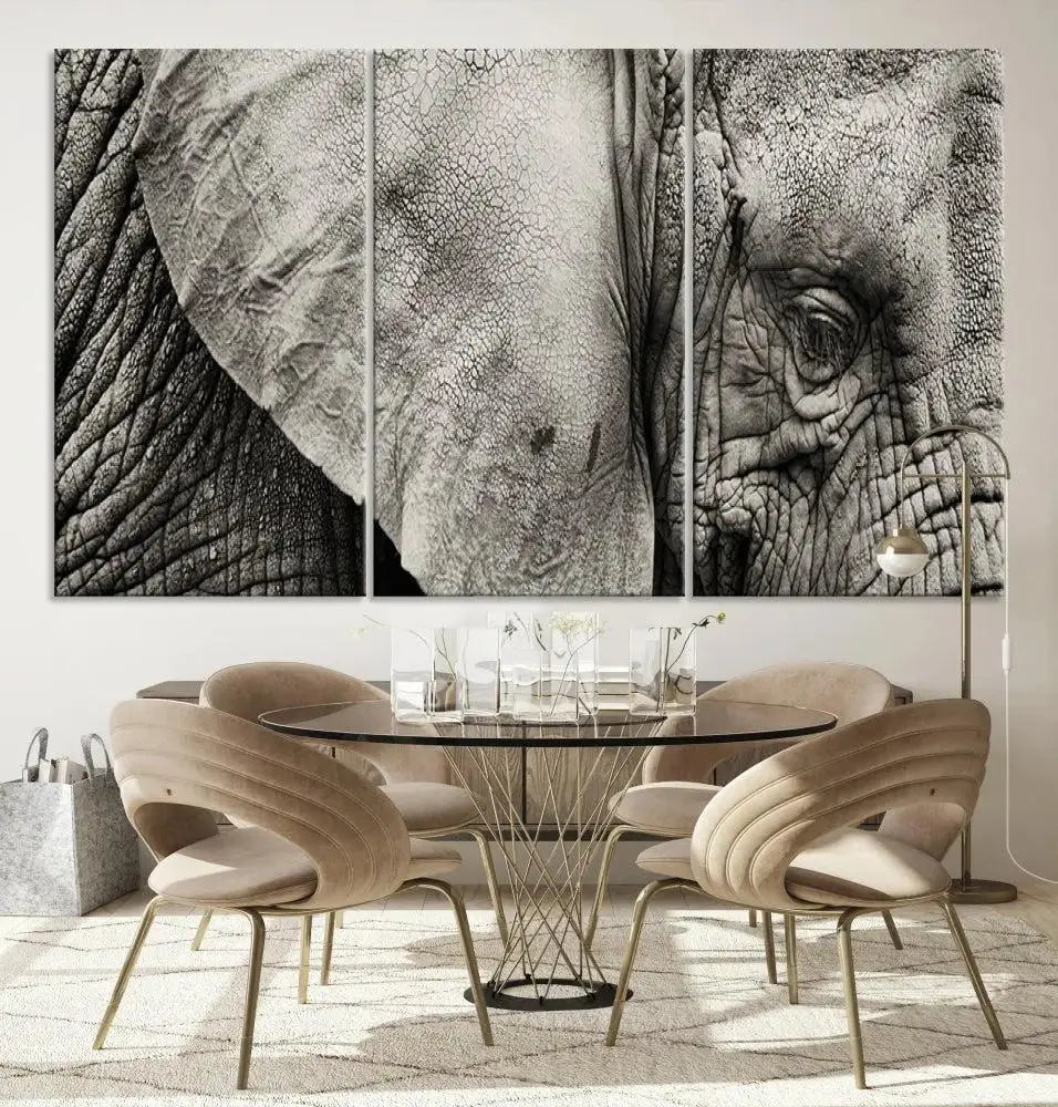 A modern living room features a large Elephant Wall Art Canvas Print in black and white, crafted on museum-quality canvases with UV-protective coating to maintain its elegance.