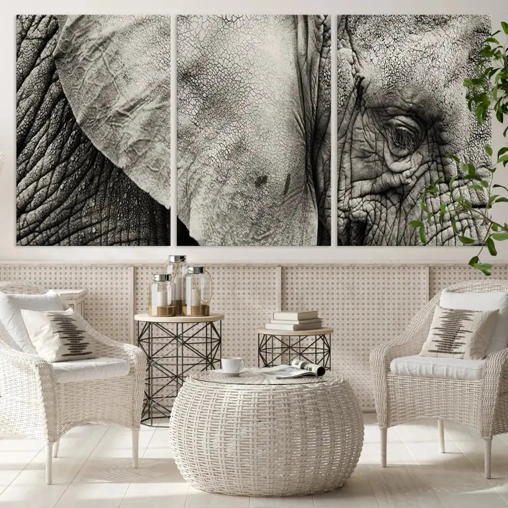 A modern living room features a large Elephant Wall Art Canvas Print in black and white, crafted on museum-quality canvases with UV-protective coating to maintain its elegance.