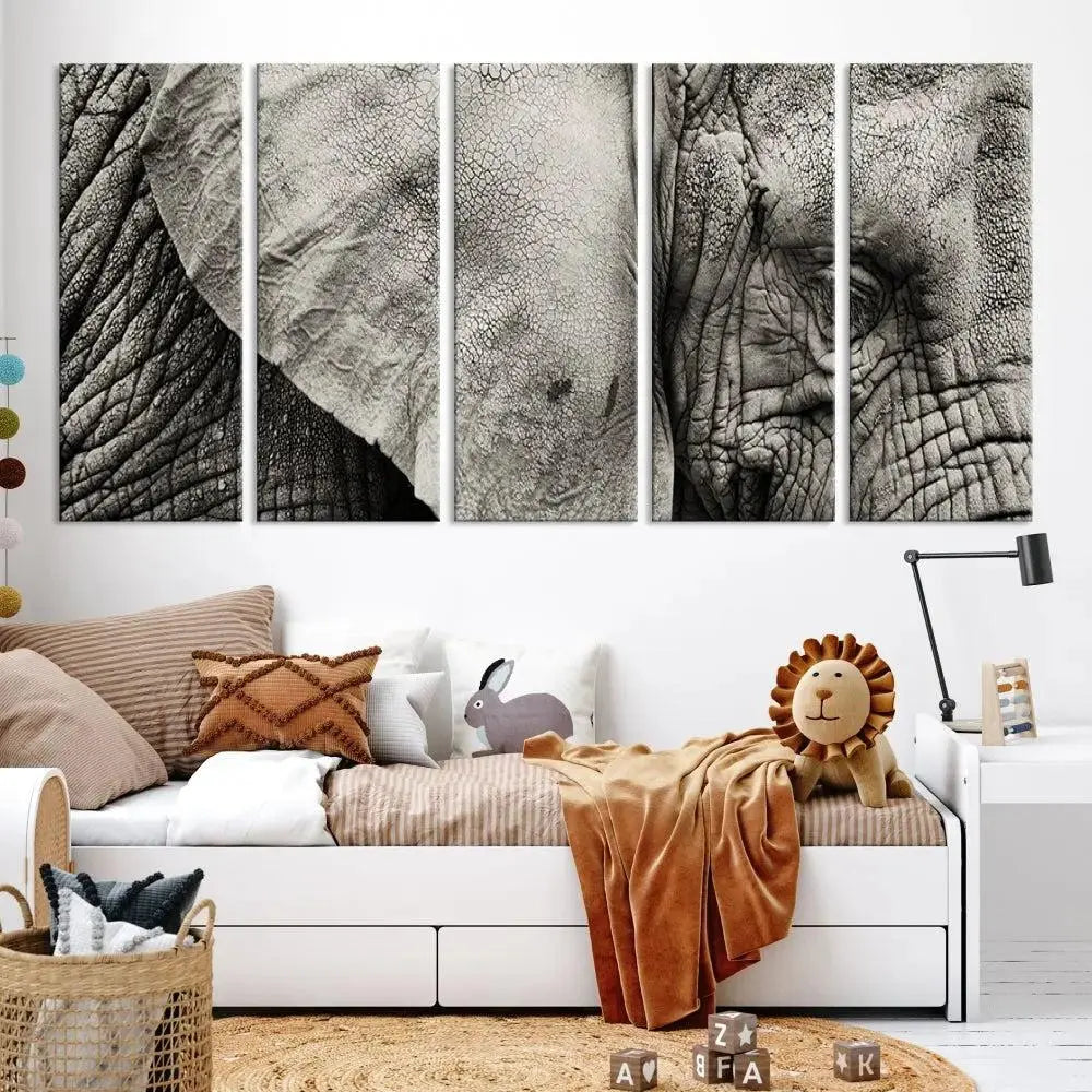 A modern living room features a large Elephant Wall Art Canvas Print in black and white, crafted on museum-quality canvases with UV-protective coating to maintain its elegance.