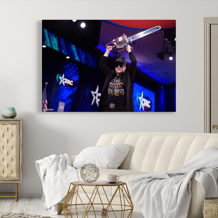 Elon Musk Wall Art Print, Elon Musk Trump Support Canvas Wall Art, Framed Elon Musk Chainsaw Art Printing, Large Mask Saw Print for Modern