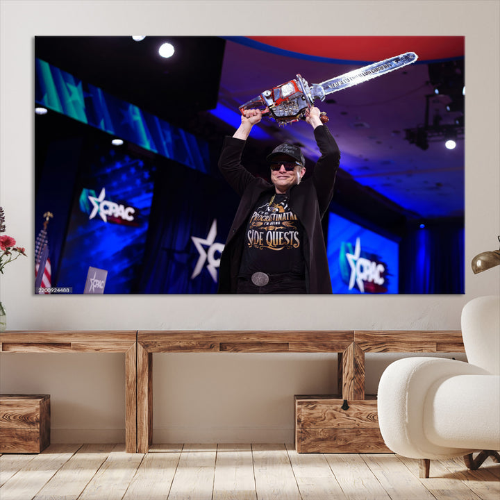 Elon Musk Wall Art Print, Elon Musk Trump Support Canvas Wall Art, Framed Elon Musk Chainsaw Art Printing, Large Mask Saw Print for Modern
