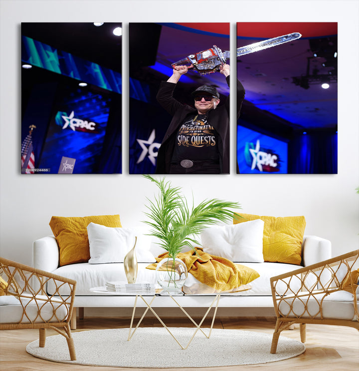 72973150-MGV-CV-36X24-Elon Musk Wall Art Print, Elon Musk Trump Support Canvas Wall Art, Framed Elon Musk Chainsaw Art Printing, Large Mask Saw Print for Modern